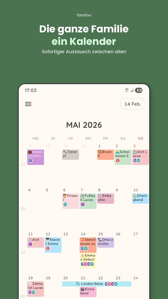Familoo Familienkalender - Geteilte Monatsansicht