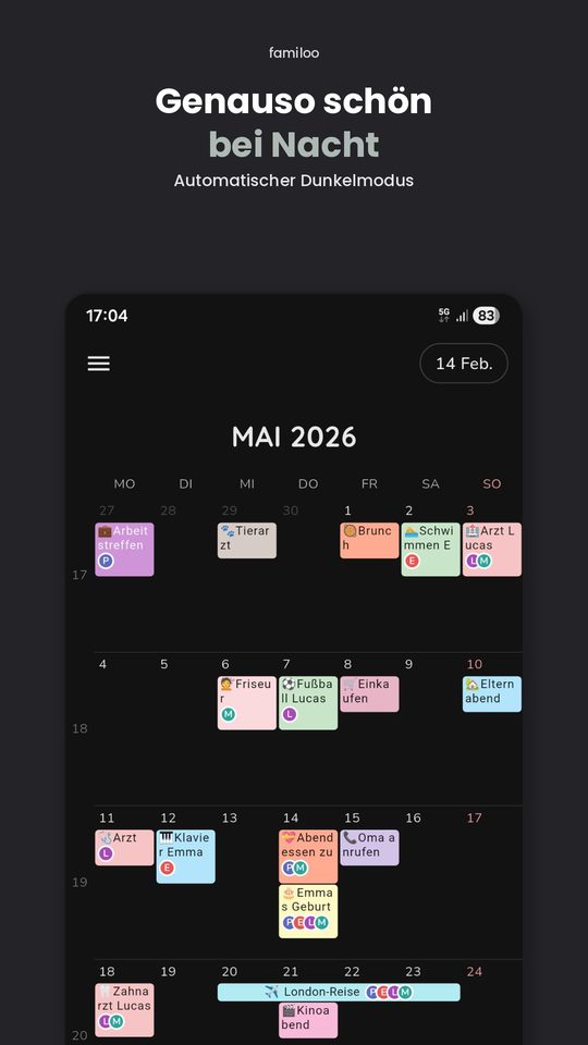 Familoo Kalender Dunkelmodus