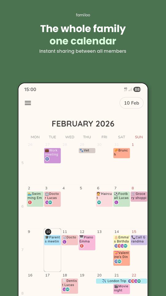 Familoo family calendar - Shared monthly view