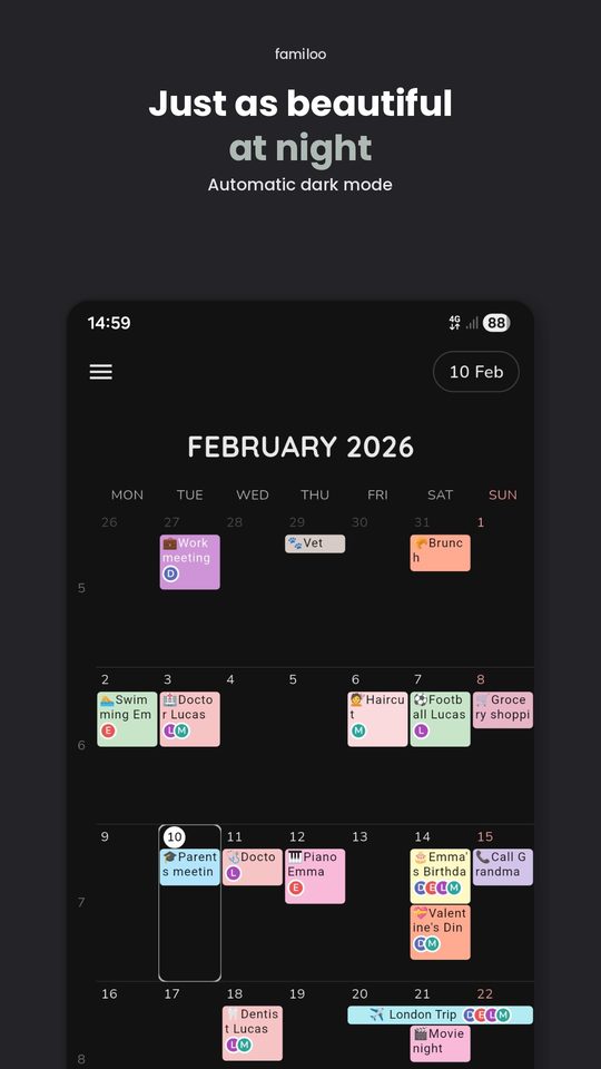 Familoo calendar dark mode
