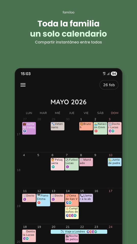 Calendario familiar Familoo - Vista mensual compartida