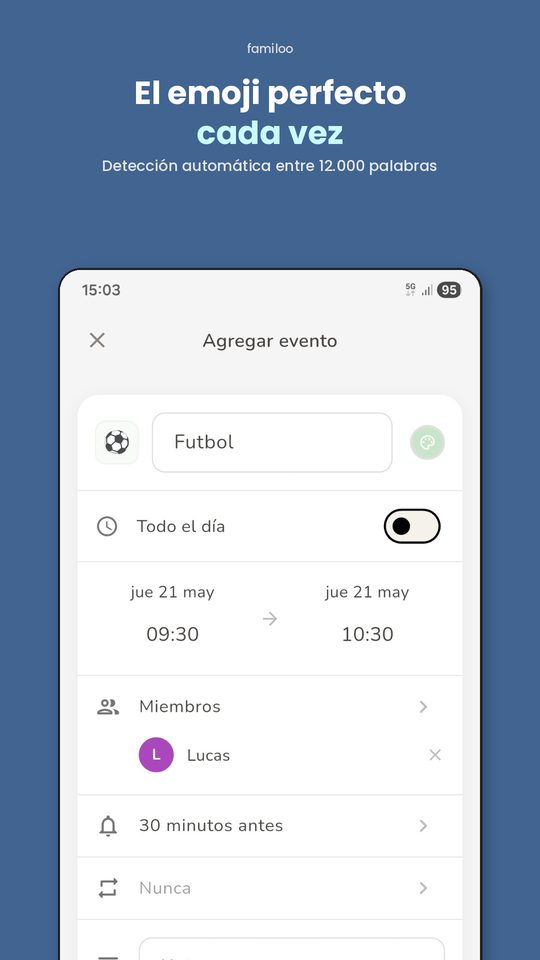 Creación de evento familiar con emojis automáticos