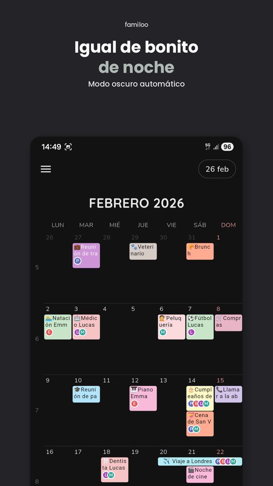Modo oscuro del calendario Familoo