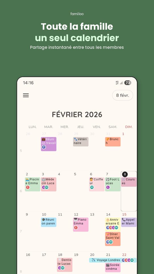 Calendrier familial Familoo - Vue mensuelle partagée