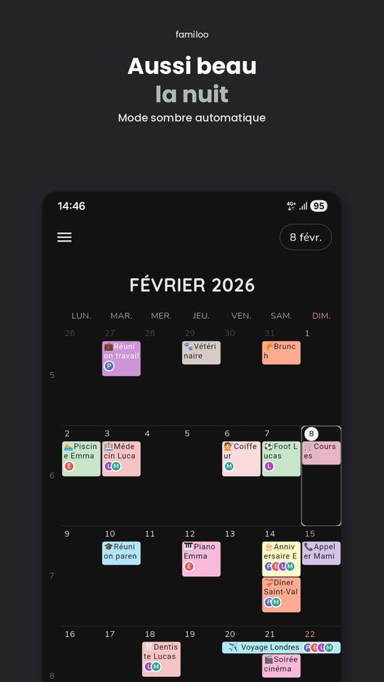 Mode sombre du calendrier Familoo