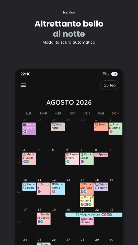 Modalità scura del calendario Familoo
