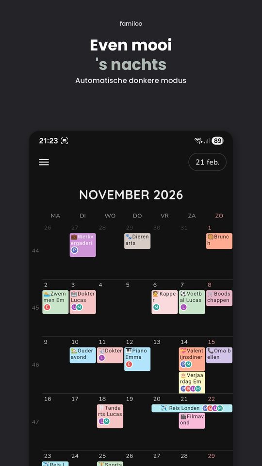 Familoo kalender donkere modus