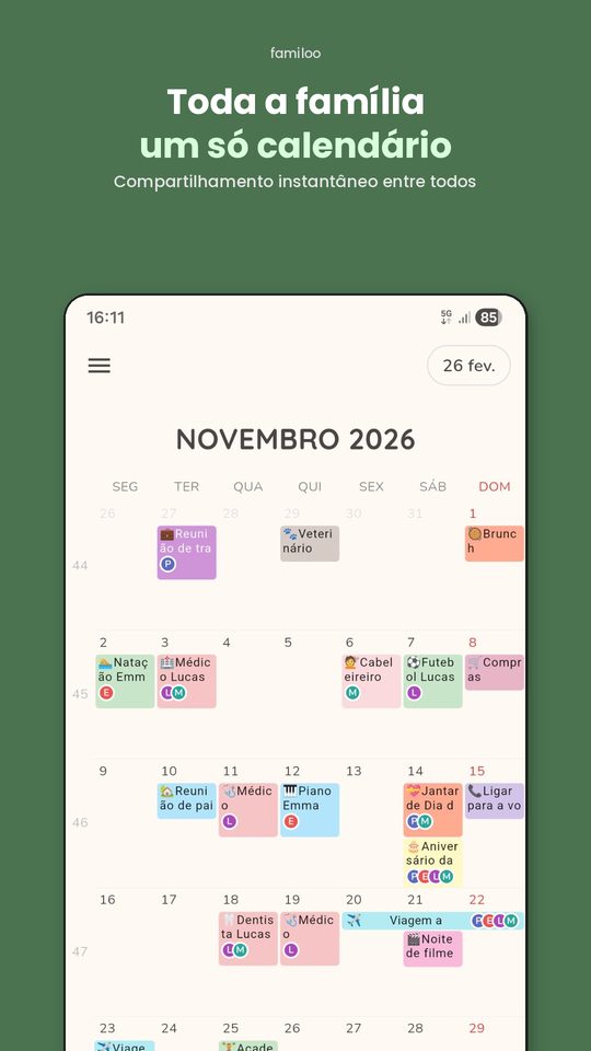 Calendário familiar Familoo - Visão mensal compartilhada