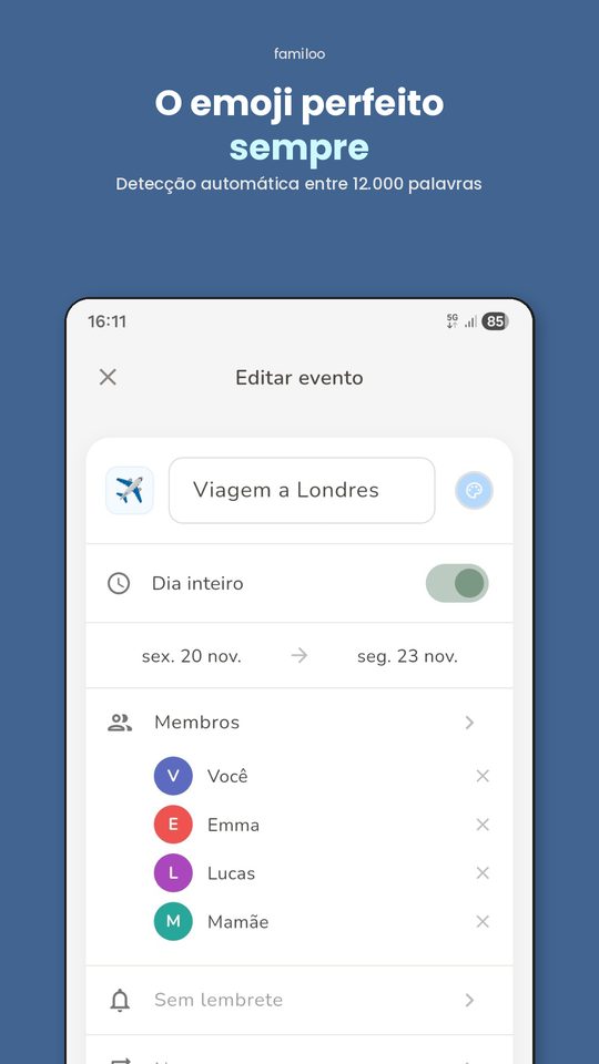Criação de evento familiar com emojis automáticos