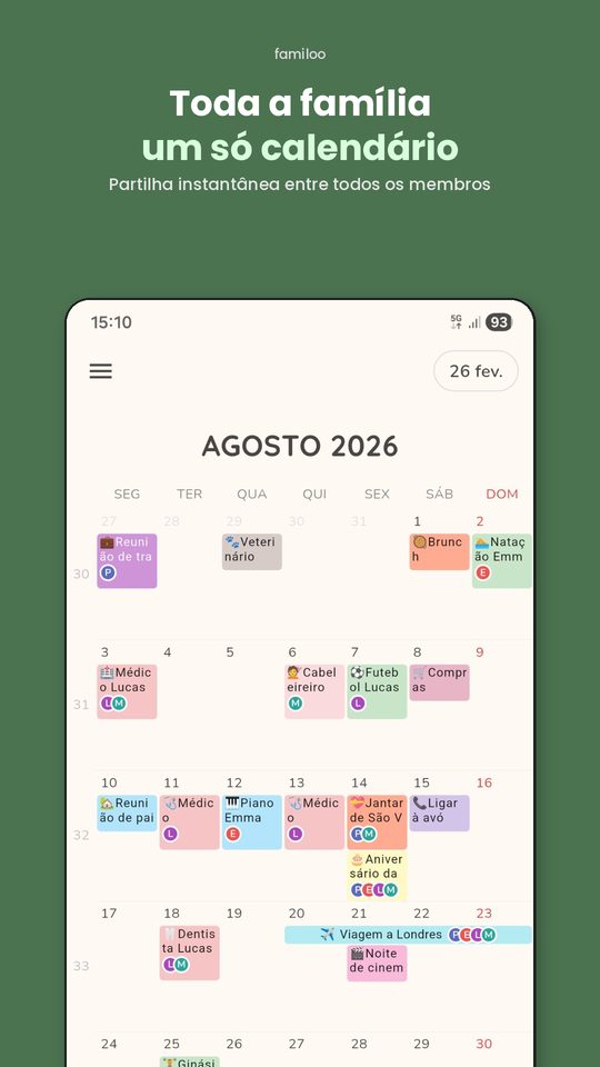 Calendário familiar Familoo - Vista mensal partilhada